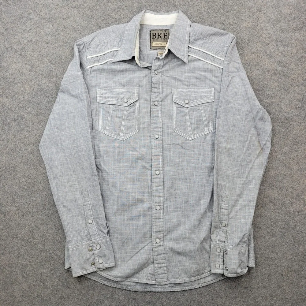BKE Shirt‎ Mens Small Gray Check Athletic Fit Snap Front Long Sleeve Western